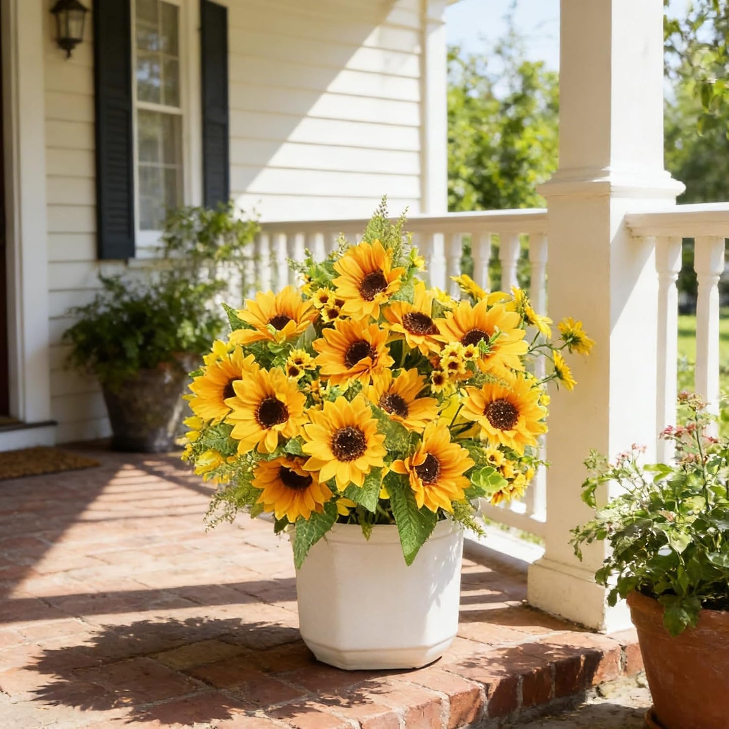Artificial Sunflowers for Outdoors - 2 Bunches Fake Sunflower Bouquets with 14 Large Blooms, UV Resistant Silk Flowers for Home Wedding Fall Decor, Garden Party Centerpieces, 17.7 Inches