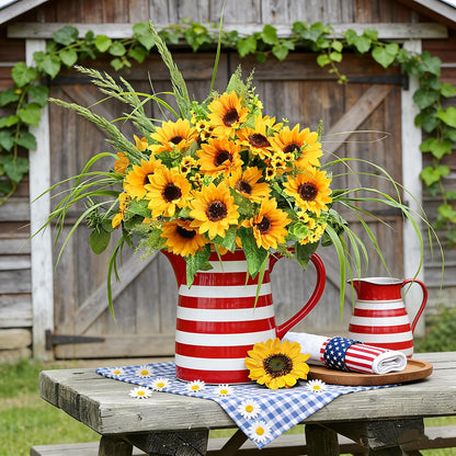 Artificial Sunflowers for Outdoors - 2 Bunches Fake Sunflower Bouquets with 14 Large Blooms, UV Resistant Silk Flowers for Home Wedding Fall Decor, Garden Party Centerpieces, 17.7 Inches