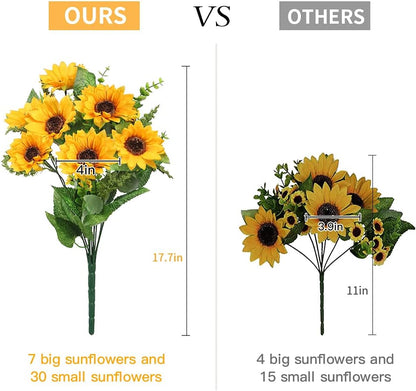 Artificial Sunflowers for Outdoors - 2 Bunches Fake Sunflower Bouquets with 14 Large Blooms, UV Resistant Silk Flowers for Home Wedding Fall Decor, Garden Party Centerpieces, 17.7 Inches