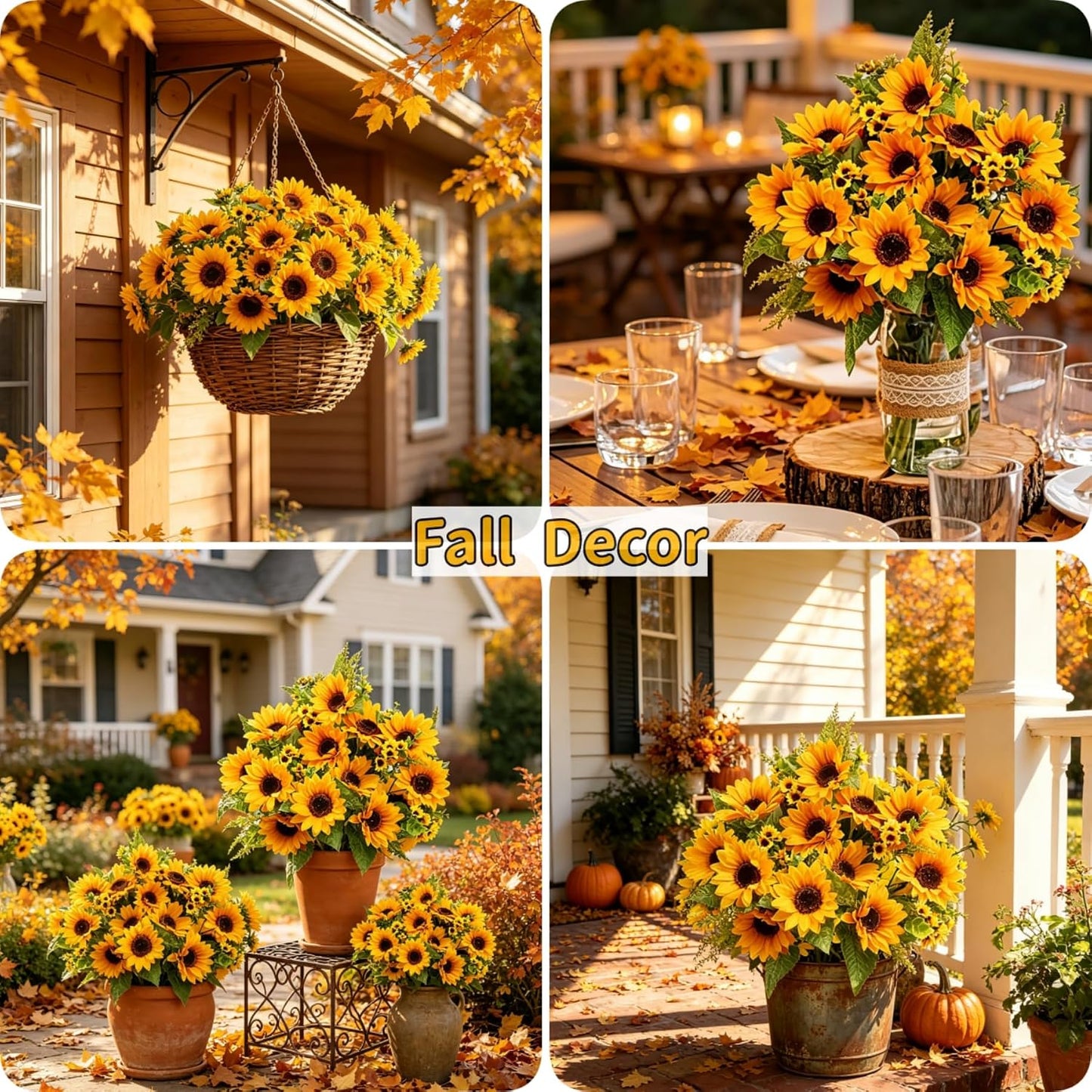 Artificial Sunflowers for Outdoors - 2 Bunches Fake Sunflower Bouquets with 14 Large Blooms, UV Resistant Silk Flowers for Home Wedding Fall Decor, Garden Party Centerpieces, 17.7 Inches