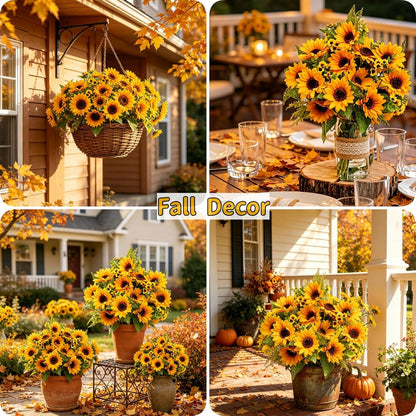 Artificial Sunflowers for Outdoors - 2 Bunches Fake Sunflower Bouquets with 14 Large Blooms, UV Resistant Silk Flowers for Home Wedding Fall Decor, Garden Party Centerpieces, 17.7 Inches