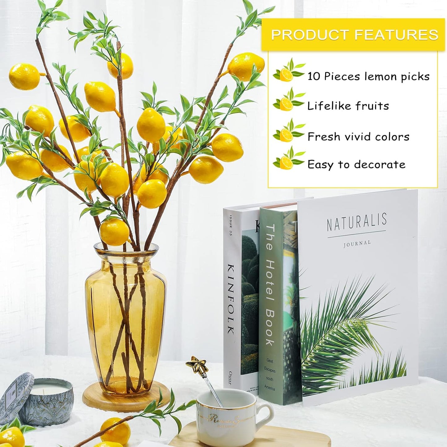 10 Pieces Artificial Lemon Branches 23.62 Inches Artificial Fruit Lemon Tree Greenery Stems Decoration Yellow Faux Picks for Vase Farmhouse Kitchen Home Table Decor Home Summer Spring Decor