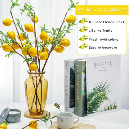 10 Pieces Artificial Lemon Branches 23.62 Inches Artificial Fruit Lemon Tree Greenery Stems Decoration Yellow Faux Picks for Vase Farmhouse Kitchen Home Table Decor Home Summer Spring Decor