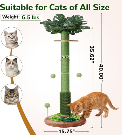 Cat Scratching Post, 40" Tall Palm Tree Scratch Post for Cats, Sisal Scratching Posts for Indoor Cats Adults with Hanging Cat Toys, Self-Grooming Brush, Snuffle Mat and Interactive Wooden Ball Track