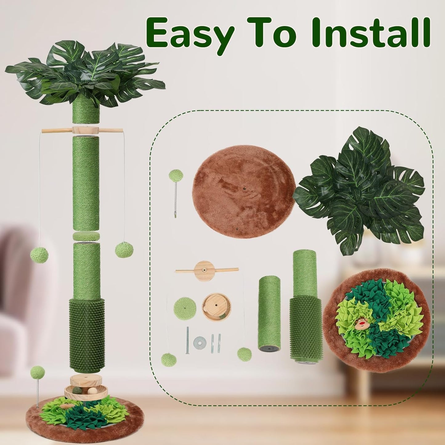 Cat Scratching Post, 40" Tall Palm Tree Scratch Post for Cats, Sisal Scratching Posts for Indoor Cats Adults with Hanging Cat Toys, Self-Grooming Brush, Snuffle Mat and Interactive Wooden Ball Track