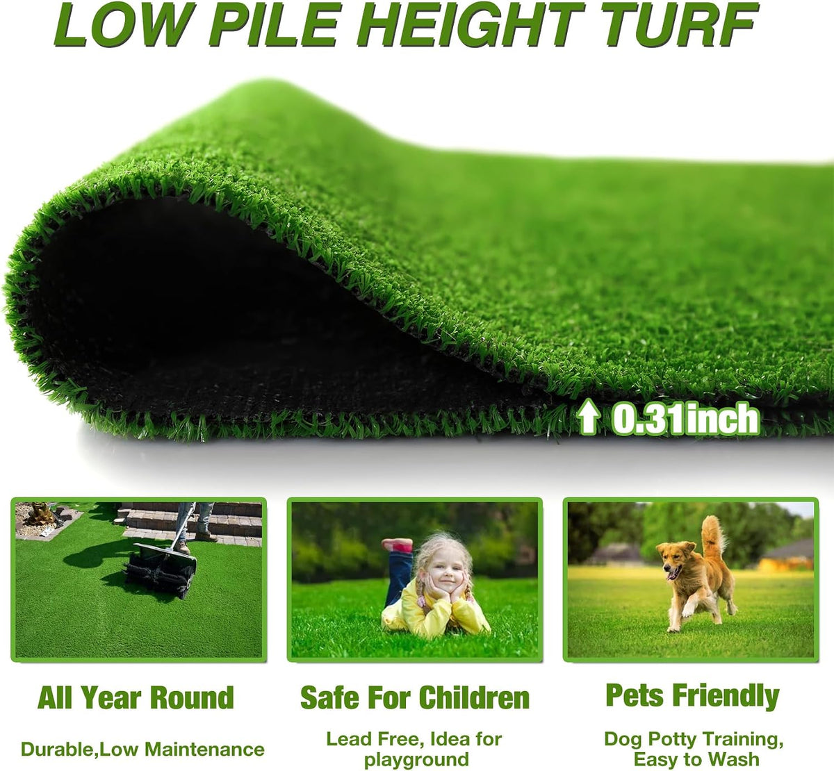 Outdoor Artificial Grass Rug 4FT X 4FT, Green Fake Grass Mat