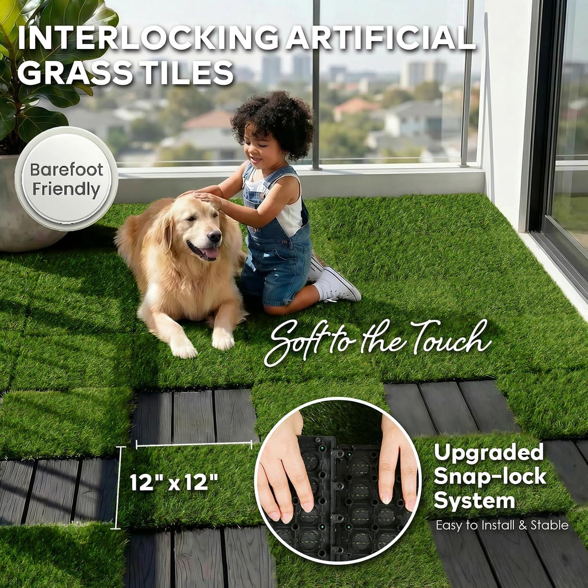 Artificial Grass Tiles Interlocking Outdoor Turf 12"x12" 9 Pack