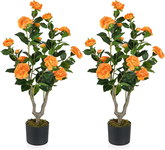 3FT Artificial Camellia Tree, Faux Camellia Plant with Orange Flowers, Solid Wood Trunk, Realistic Moss, Greenery Potted Decoration Tree for Indoor Outdoor Home Porch Front Door