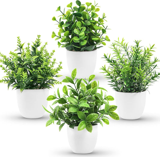 4 Pack Faux Plants Indoor Small Fake Plants for Bathroom Decor | Fluffy Pretty look for shelves desktops windowsills offices decor, fade-resistant and safe for pets (no soil or pollen)
