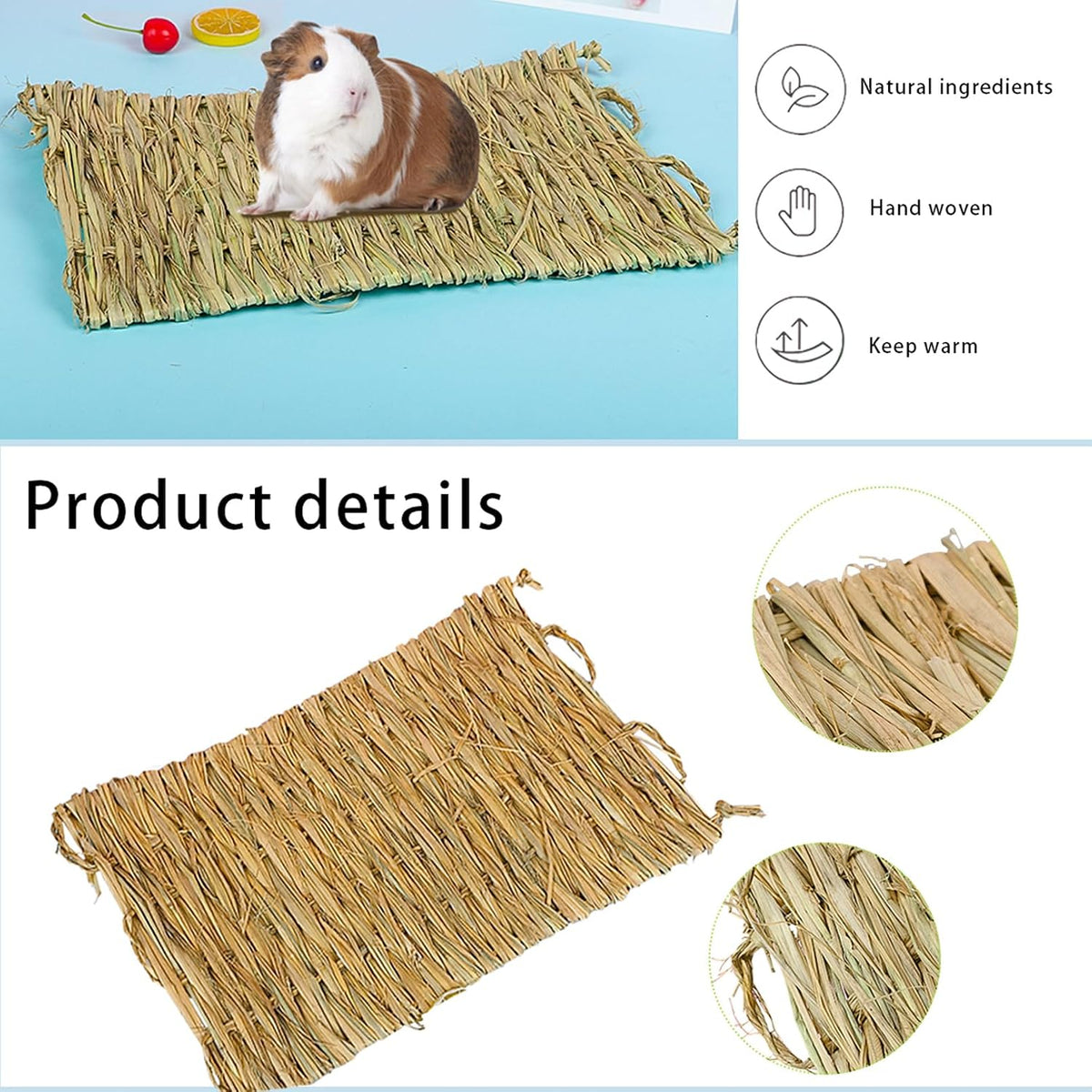 Straw Mats for Rabbits,11.0"x8.3" Natural Bunny Grass Mat,Handwoven Rabbit Hay Mat Small Animal Bedding Chewable & Cooling Mat - Eco-Friendly Cage Liner Nesting Toy