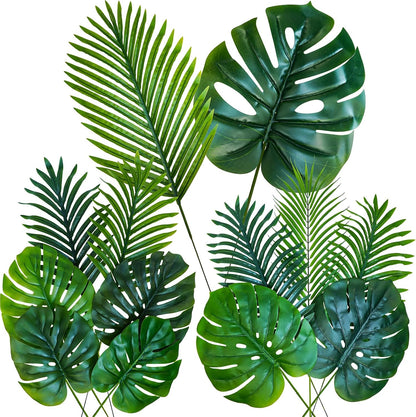 13 Pcs Assorted Artificial Tropical Leaves Set Decorative Real Touch Faux Monstera and Palm Leaves with Stems for Luau Hawaiian Safari Beach Jungle Tiki Theme Party Summer Wedding Home Décor
