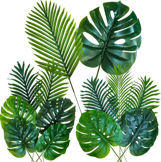 13 Pcs Assorted Artificial Tropical Leaves Set Decorative Real Touch Faux Monstera and Palm Leaves with Stems for Luau Hawaiian Safari Beach Jungle Tiki Theme Party Summer Wedding Home Décor