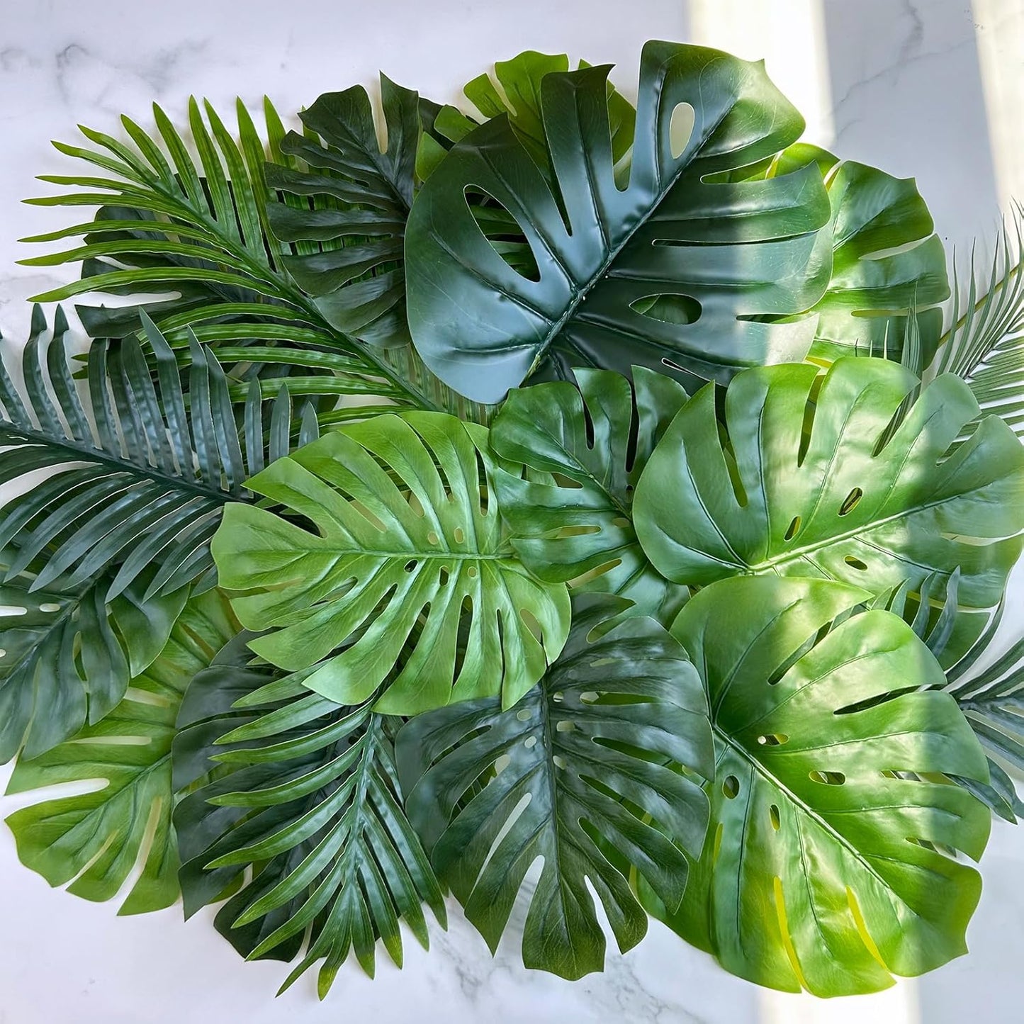 13 Pcs Assorted Artificial Tropical Leaves Set Decorative Real Touch Faux Monstera and Palm Leaves with Stems for Luau Hawaiian Safari Beach Jungle Tiki Theme Party Summer Wedding Home Décor