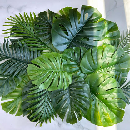 13 Pcs Assorted Artificial Tropical Leaves Set Decorative Real Touch Faux Monstera and Palm Leaves with Stems for Luau Hawaiian Safari Beach Jungle Tiki Theme Party Summer Wedding Home Décor
