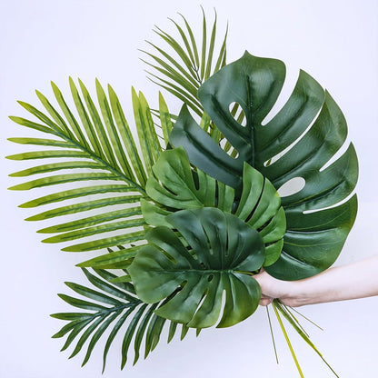 13 Pcs Assorted Artificial Tropical Leaves Set Decorative Real Touch Faux Monstera and Palm Leaves with Stems for Luau Hawaiian Safari Beach Jungle Tiki Theme Party Summer Wedding Home Décor