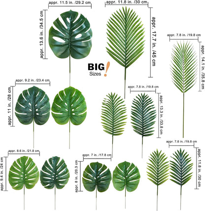 13 Pcs Assorted Artificial Tropical Leaves Set Decorative Real Touch Faux Monstera and Palm Leaves with Stems for Luau Hawaiian Safari Beach Jungle Tiki Theme Party Summer Wedding Home Décor