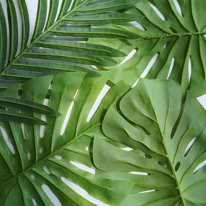 13 Pcs Assorted Artificial Tropical Leaves Set Decorative Real Touch Faux Monstera and Palm Leaves with Stems for Luau Hawaiian Safari Beach Jungle Tiki Theme Party Summer Wedding Home Décor