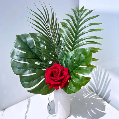13 Pcs Assorted Artificial Tropical Leaves Set Decorative Real Touch Faux Monstera and Palm Leaves with Stems for Luau Hawaiian Safari Beach Jungle Tiki Theme Party Summer Wedding Home Décor