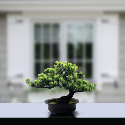 Small Fake Plants Desk Decor Artificial Bonsai with Pot, 9.5" Tall, Green
