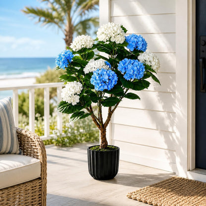 3.7FT Potted Artificial Hydrangea Tree, UV Resistant Faux Blue and White Hydrangea Flowers Tree with Natural Wood Trunk for Coastal Front Porch, Entryway, Patio, Indoor Decor