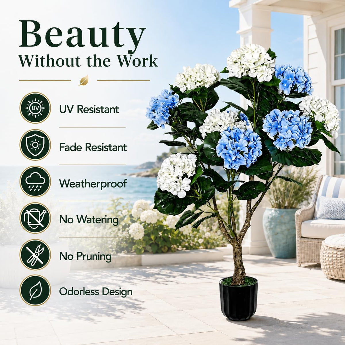 3.7FT Potted Artificial Hydrangea Tree, UV Resistant Faux Blue and White Hydrangea Flowers Tree with Natural Wood Trunk for Coastal Front Porch, Entryway, Patio, Indoor Decor