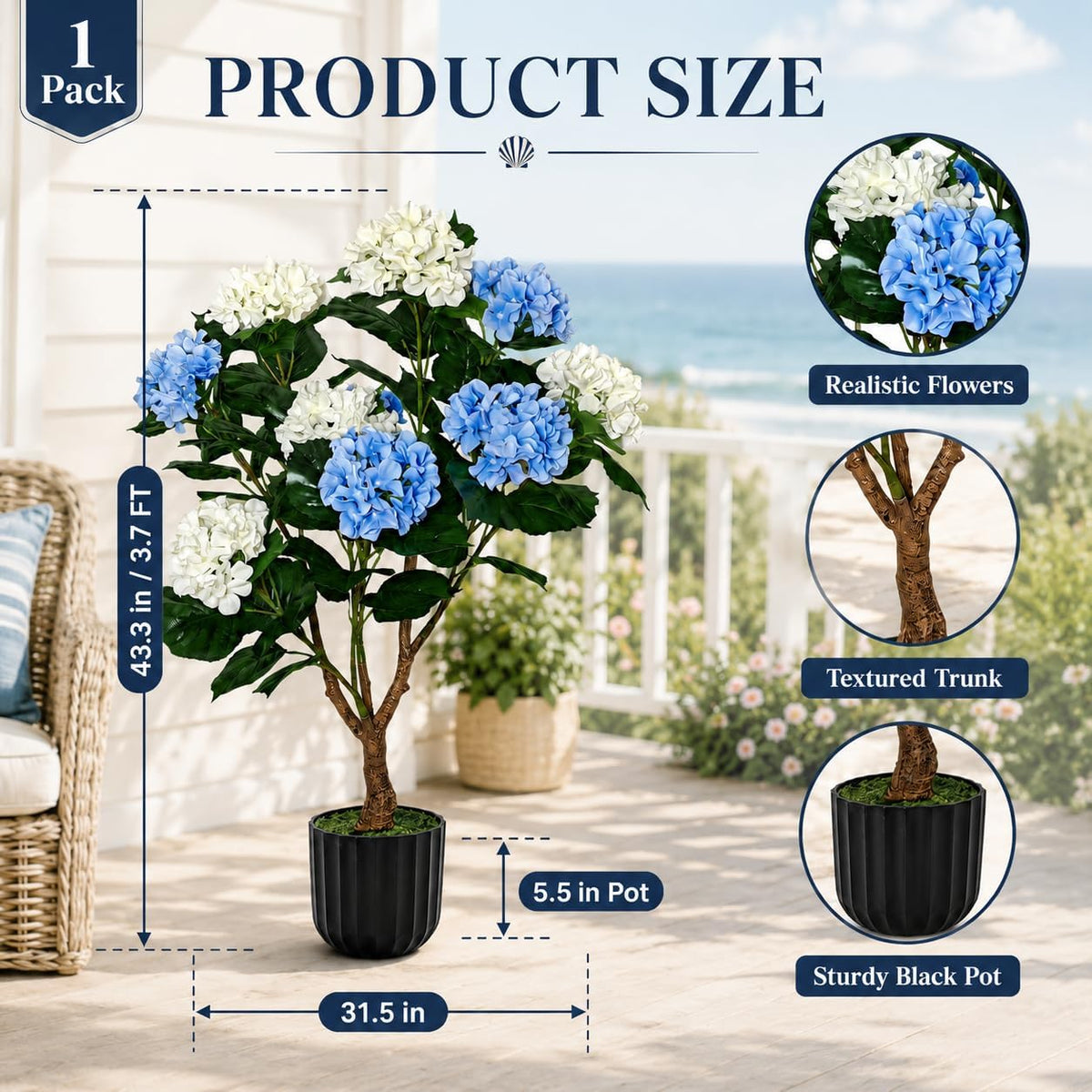 3.7FT Potted Artificial Hydrangea Tree, UV Resistant Faux Blue and White Hydrangea Flowers Tree with Natural Wood Trunk for Coastal Front Porch, Entryway, Patio, Indoor Decor