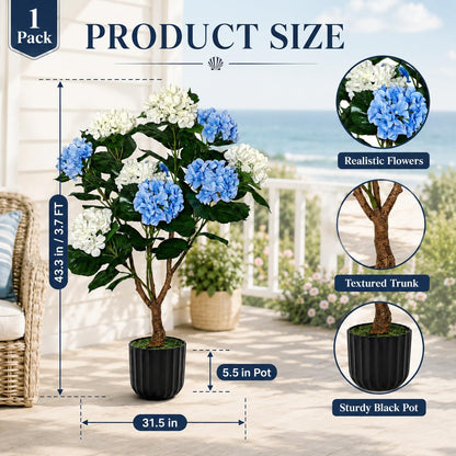 3.7FT Potted Artificial Hydrangea Tree, UV Resistant Faux Blue and White Hydrangea Flowers Tree with Natural Wood Trunk for Coastal Front Porch, Entryway, Patio, Indoor Decor
