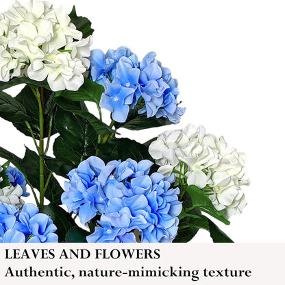 3.7FT Potted Artificial Hydrangea Tree, UV Resistant Faux Blue and White Hydrangea Flowers Tree with Natural Wood Trunk for Coastal Front Porch, Entryway, Patio, Indoor Decor