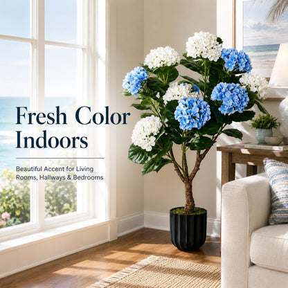 3.7FT Potted Artificial Hydrangea Tree, UV Resistant Faux Blue and White Hydrangea Flowers Tree with Natural Wood Trunk for Coastal Front Porch, Entryway, Patio, Indoor Decor