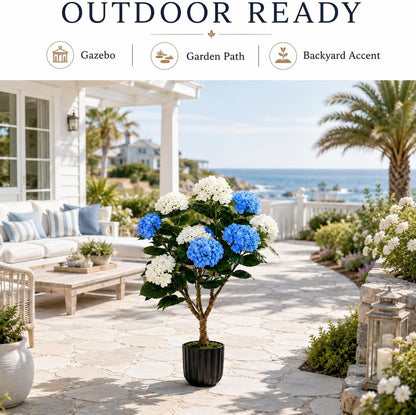 3.7FT Potted Artificial Hydrangea Tree, UV Resistant Faux Blue and White Hydrangea Flowers Tree with Natural Wood Trunk for Coastal Front Porch, Entryway, Patio, Indoor Decor