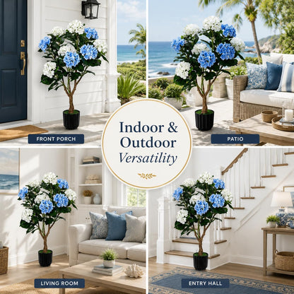 3.7FT Potted Artificial Hydrangea Tree, UV Resistant Faux Blue and White Hydrangea Flowers Tree with Natural Wood Trunk for Coastal Front Porch, Entryway, Patio, Indoor Decor