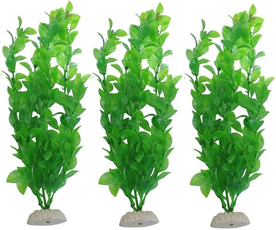 3Pack 10.6" Non-Toxic Aquarium Plants Fish Tank Decorations | 3-pack 10.6" non-toxic green aquarium plants with weighted ceramic bases to stay anchored in fish tanks