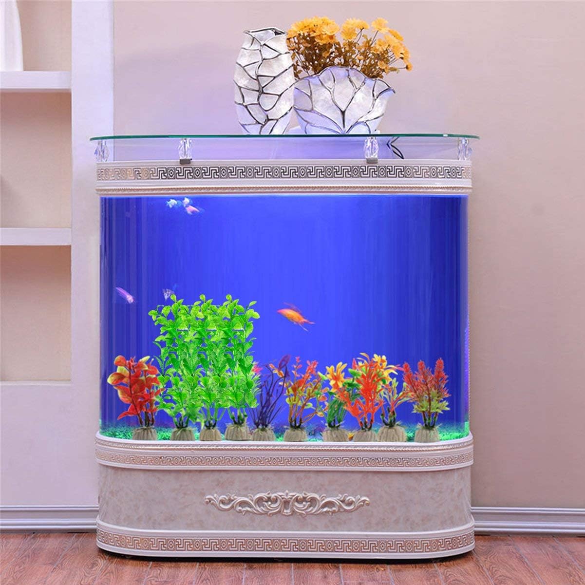 3Pack 10.6" Non-Toxic Aquarium Plants Fish Tank Decorations | 3-pack 10.6" non-toxic green aquarium plants with weighted ceramic bases to stay anchored in fish tanks