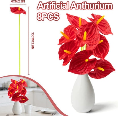 8PCS Anthurium Artificial Flowers Red Anthurium Single Stem - Tropical Flowers Artificial with Large Bloom, Faux Anthurium Artificial Flowers for Wedding Table Centerpiece Decor(12.6")