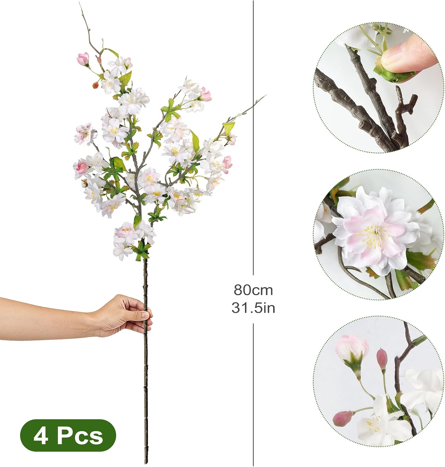 Artificial Cherry Blossom Branches 31.5'', 4 Pack Faux Spring Flowers for Tall Vase, Realistic Flower Stems for Home Decor, Wedding, Easter, Table Centerpiece and Party Decor (Pure White)