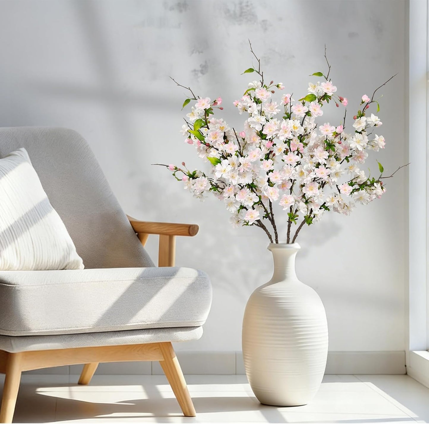 Artificial Cherry Blossom Branches 31.5'', 4 Pack Faux Spring Flowers for Tall Vase, Realistic Flower Stems for Home Decor, Wedding, Easter, Table Centerpiece and Party Decor (Pure White)