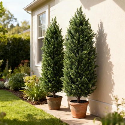 Artificial Cedar Topiary Trees 4FT Set of 2 Potted Outdoor Cypress Tree