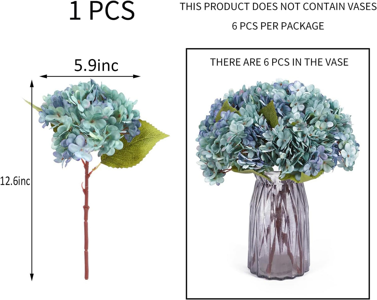 Kimura's Cabin 6pcs Artificial Silk Hydrangea Flowers Vintage Fake Bouquets Faux Hydrangeas Flower with Stems for Wedding Party Autumn Farmhouse Home Table Core Decoration (Deep Lake Blue)