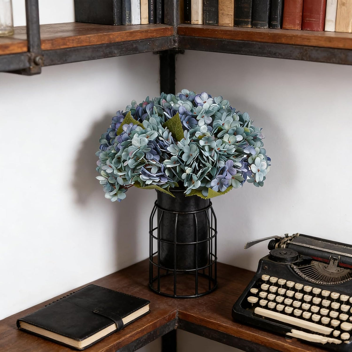 Kimura's Cabin 6pcs Artificial Silk Hydrangea Flowers Vintage Fake Bouquets Faux Hydrangeas Flower with Stems for Wedding Party Autumn Farmhouse Home Table Core Decoration (Deep Lake Blue)
