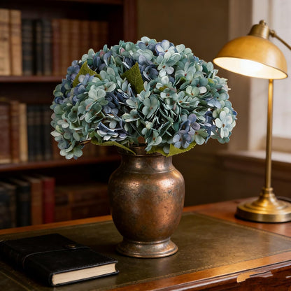 Kimura's Cabin 6pcs Artificial Silk Hydrangea Flowers Vintage Fake Bouquets Faux Hydrangeas Flower with Stems for Wedding Party Autumn Farmhouse Home Table Core Decoration (Deep Lake Blue)