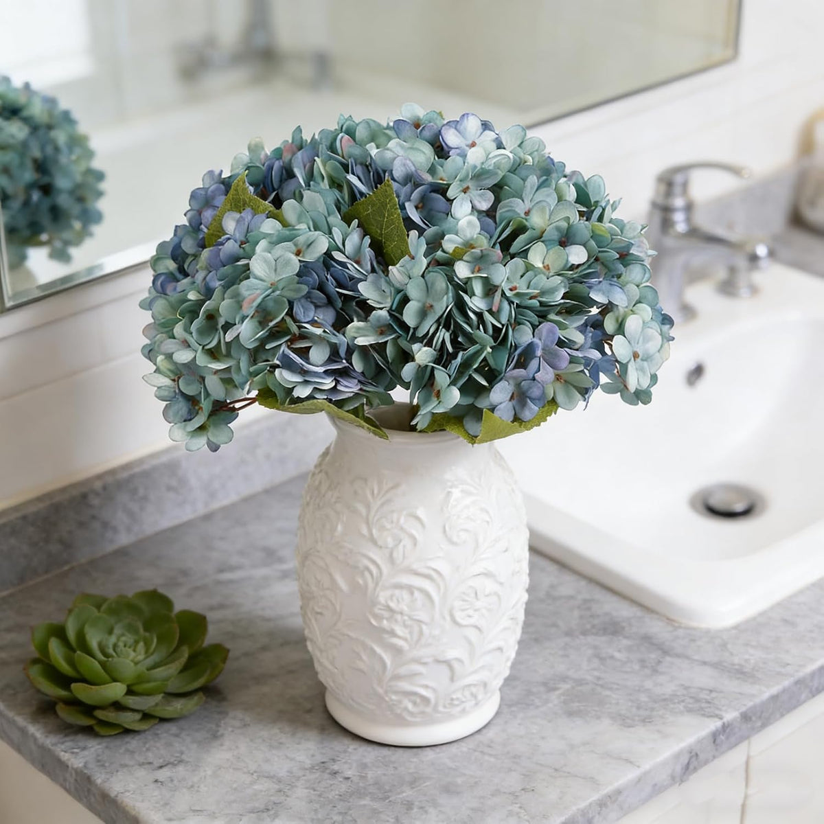 Kimura's Cabin 6pcs Artificial Silk Hydrangea Flowers Vintage Fake Bouquets Faux Hydrangeas Flower with Stems for Wedding Party Autumn Farmhouse Home Table Core Decoration (Deep Lake Blue)