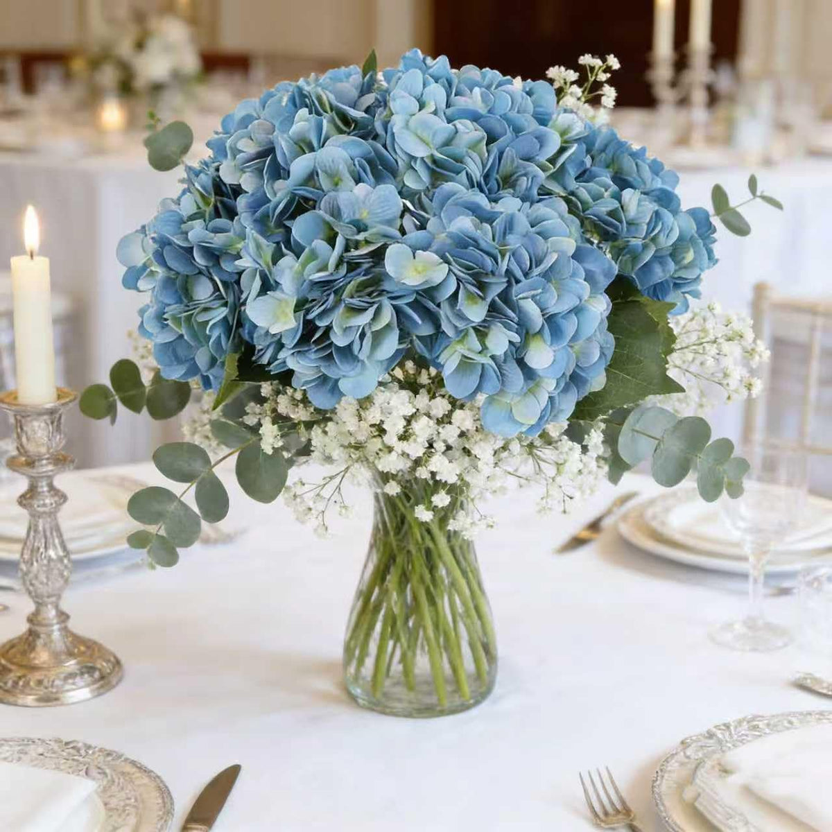 Kimura's Cabin 6pcs Artificial Silk Hydrangea Flowers Vintage Fake Bouquets Faux Hydrangeas Flower with Stems for Wedding Party Autumn Farmhouse Home Table Core Decoration (Deep Lake Blue)