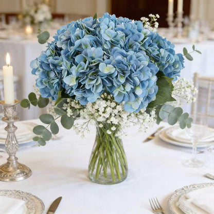 Kimura's Cabin 6pcs Artificial Silk Hydrangea Flowers Vintage Fake Bouquets Faux Hydrangeas Flower with Stems for Wedding Party Autumn Farmhouse Home Table Core Decoration (Deep Lake Blue)