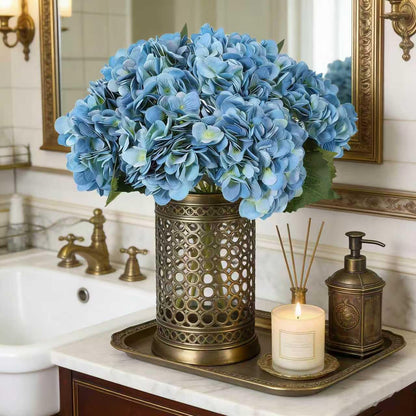 Kimura's Cabin 6pcs Artificial Silk Hydrangea Flowers Vintage Fake Bouquets Faux Hydrangeas Flower with Stems for Wedding Party Autumn Farmhouse Home Table Core Decoration (Deep Lake Blue)