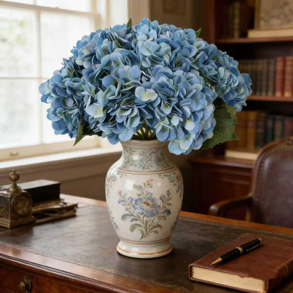 Kimura's Cabin 6pcs Artificial Silk Hydrangea Flowers Vintage Fake Bouquets Faux Hydrangeas Flower with Stems for Wedding Party Autumn Farmhouse Home Table Core Decoration (Deep Lake Blue)