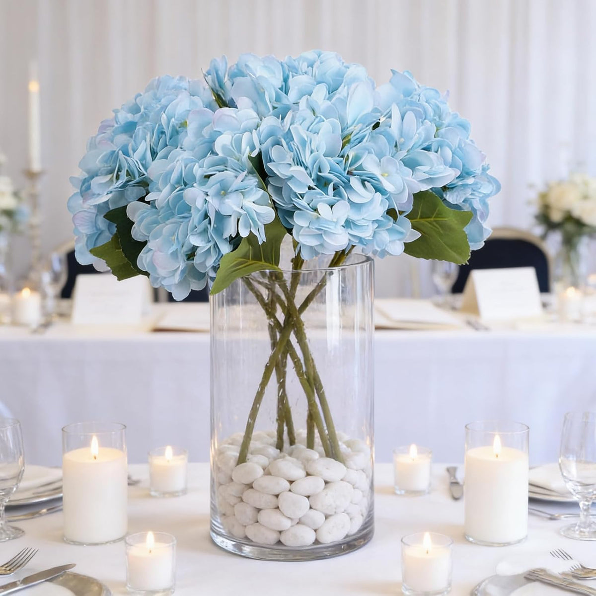 Kimura's Cabin 6pcs Artificial Silk Hydrangea Flowers Vintage Fake Bouquets Faux Hydrangeas Flower with Stems for Wedding Party Autumn Farmhouse Home Table Core Decoration (Deep Lake Blue)