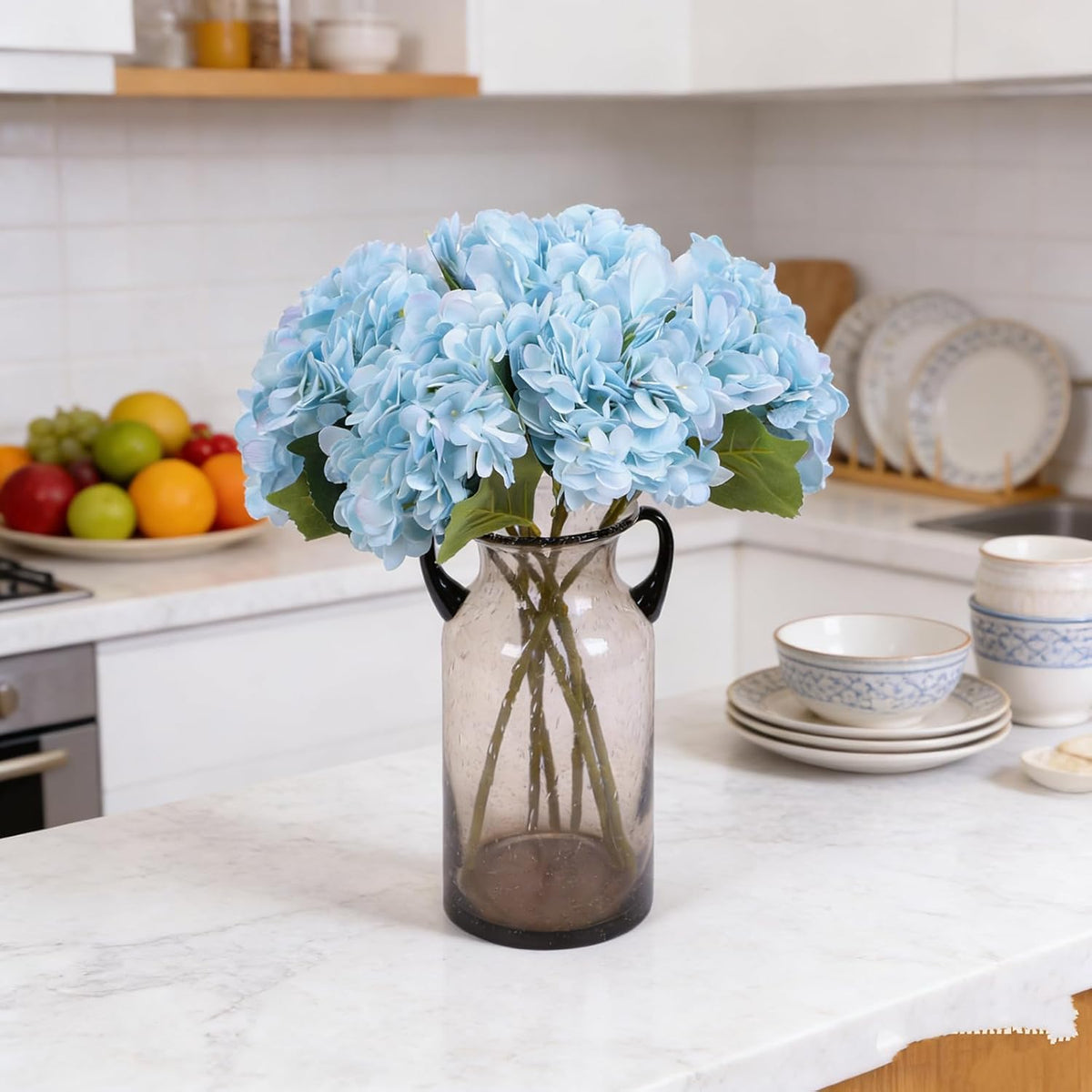 Kimura's Cabin 6pcs Artificial Silk Hydrangea Flowers Vintage Fake Bouquets Faux Hydrangeas Flower with Stems for Wedding Party Autumn Farmhouse Home Table Core Decoration (Deep Lake Blue)