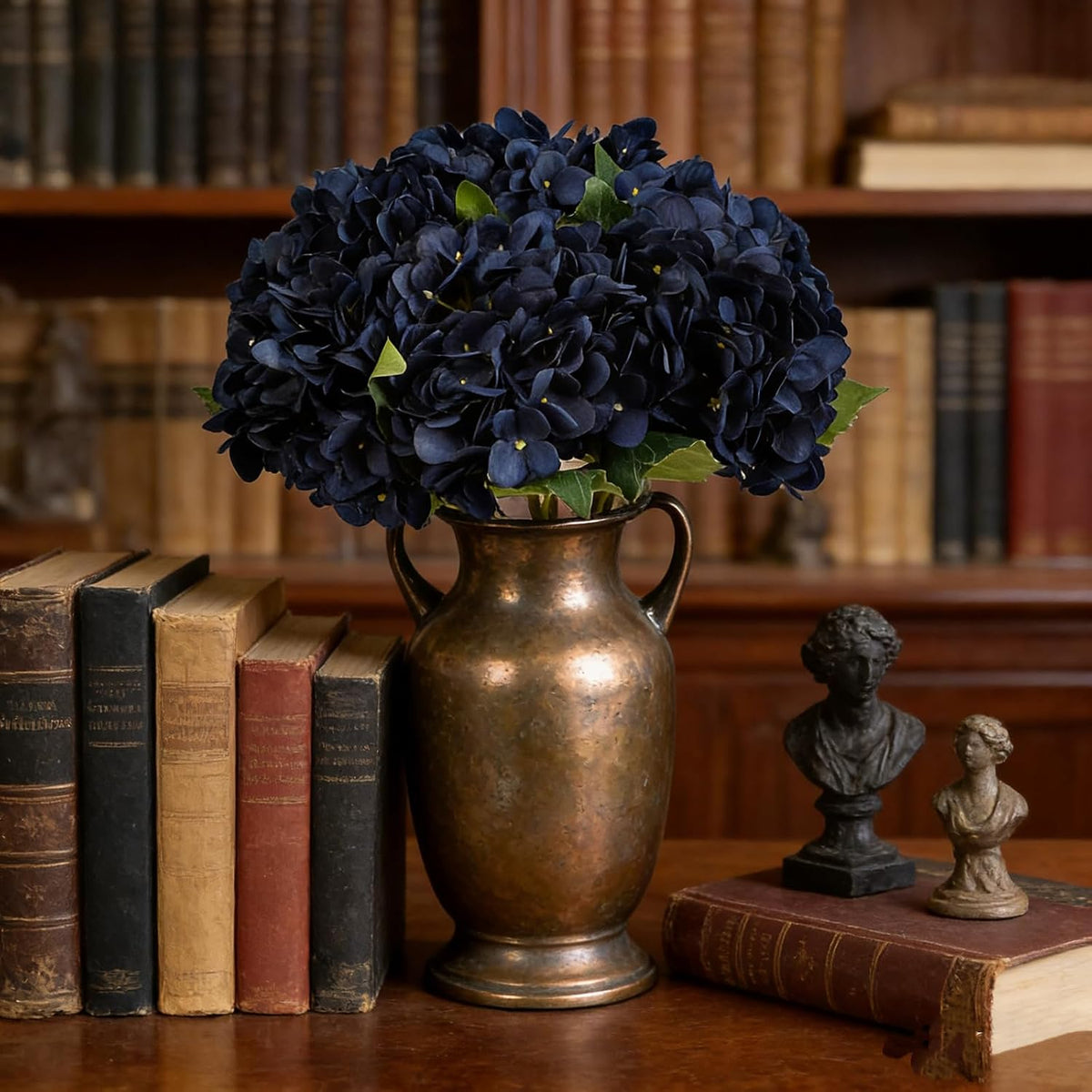 Kimura's Cabin 6pcs Artificial Silk Hydrangea Flowers Vintage Fake Bouquets Faux Hydrangeas Flower with Stems for Wedding Party Autumn Farmhouse Home Table Core Decoration (Deep Lake Blue)