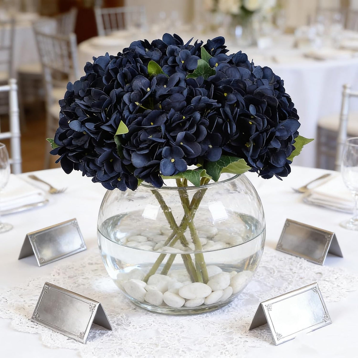 Kimura's Cabin 6pcs Artificial Silk Hydrangea Flowers Vintage Fake Bouquets Faux Hydrangeas Flower with Stems for Wedding Party Autumn Farmhouse Home Table Core Decoration (Deep Lake Blue)