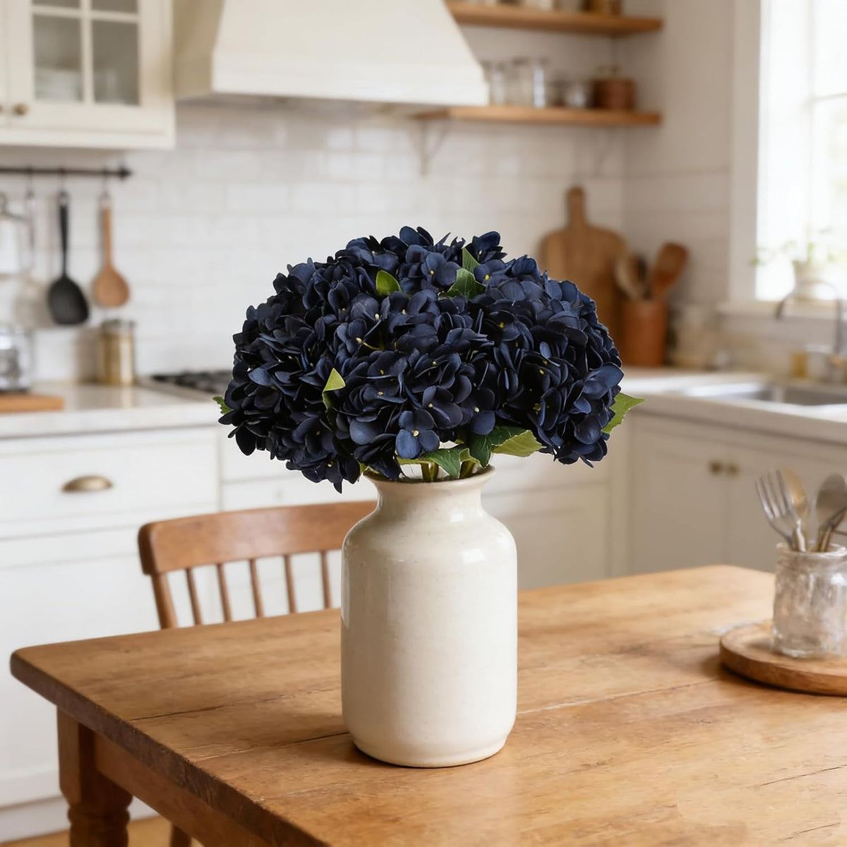 Kimura's Cabin 6pcs Artificial Silk Hydrangea Flowers Vintage Fake Bouquets Faux Hydrangeas Flower with Stems for Wedding Party Autumn Farmhouse Home Table Core Decoration (Deep Lake Blue)